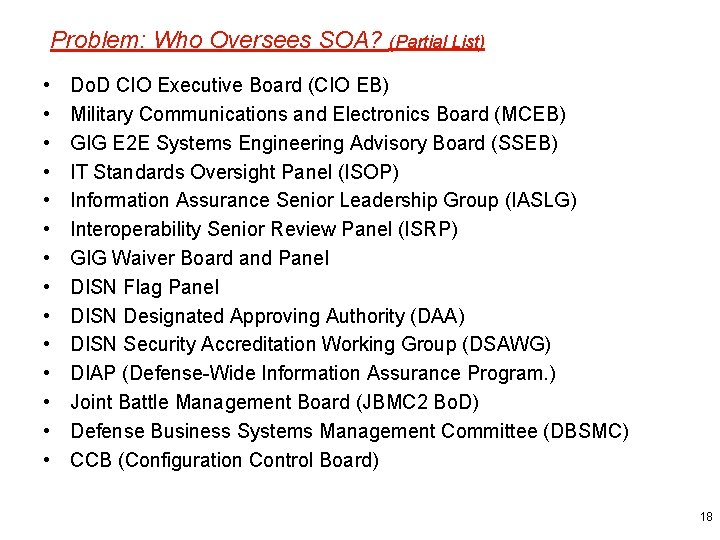 Problem: Who Oversees SOA? (Partial List) • • • • Do. D CIO Executive