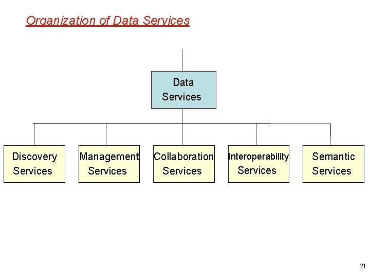 Organization of Data Services Discovery Services Management Services Collaboration Services Interoperability Services Semantic Services