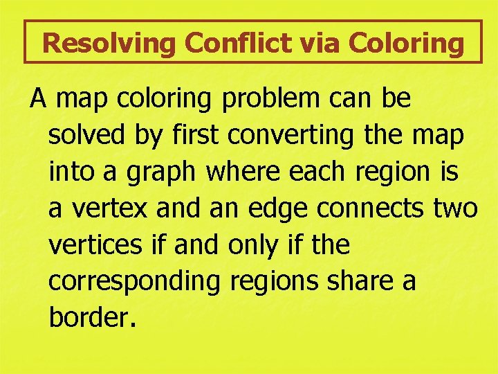 Resolving Conflict via Coloring A map coloring problem can be solved by first converting