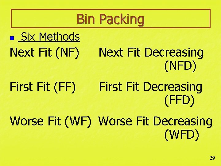 Bin Packing n Six Methods Next Fit (NF) Next Fit Decreasing (NFD) First Fit