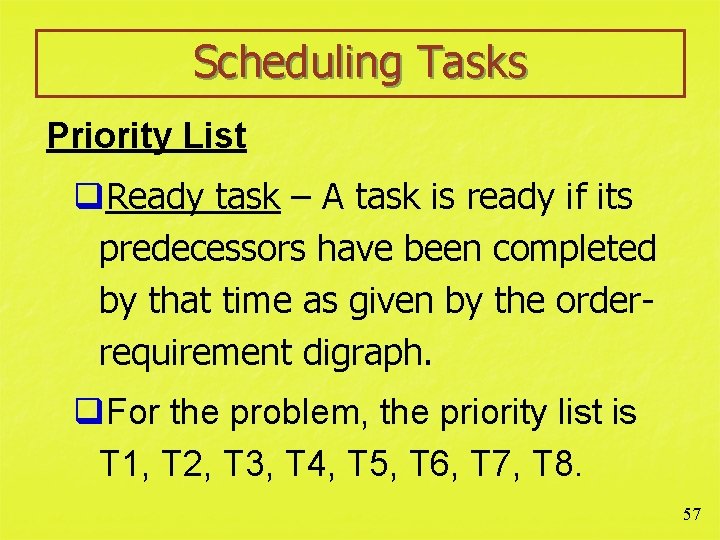 Scheduling Tasks Priority List q. Ready task – A task is ready if its