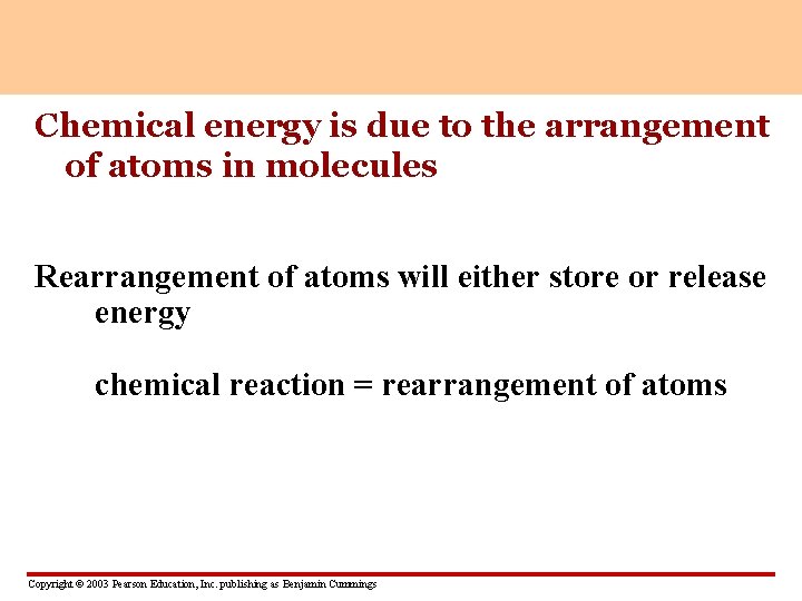 Chemical energy is due to the arrangement of atoms in molecules Rearrangement of atoms