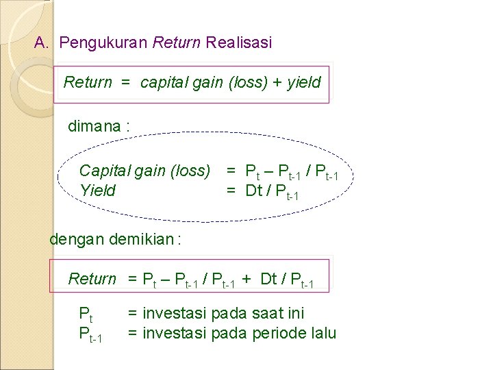A. Pengukuran Return Realisasi Return = capital gain (loss) + yield dimana : Capital A. Pengukuran Return Realisasi Return = capital gain (loss) + yield dimana : Capital