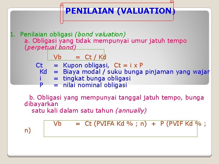 PENILAIAN (VALUATION) 1. Penilaian obligasi (bond valuation) a. Obligasi yang tidak mempunyai umur jatuh PENILAIAN (VALUATION) 1. Penilaian obligasi (bond valuation) a. Obligasi yang tidak mempunyai umur jatuh