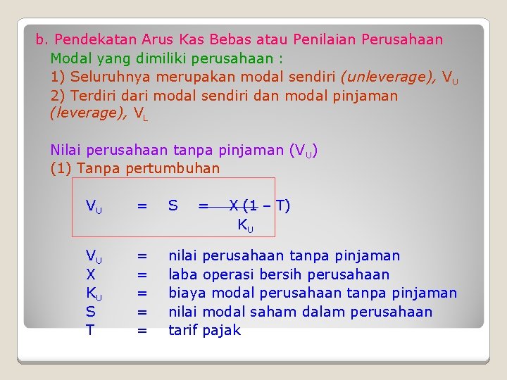 b. Pendekatan Arus Kas Bebas atau Penilaian Perusahaan Modal yang dimiliki perusahaan : 1) b. Pendekatan Arus Kas Bebas atau Penilaian Perusahaan Modal yang dimiliki perusahaan : 1)