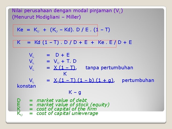 Nilai perusahaan dengan modal pinjaman (VL) (Menurut Modigliani – Miller) Ke = KU + Nilai perusahaan dengan modal pinjaman (VL) (Menurut Modigliani – Miller) Ke = KU +