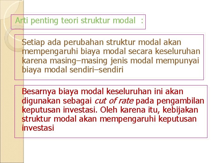 Arti penting teori struktur modal : Setiap ada perubahan struktur modal akan mempengaruhi biaya Arti penting teori struktur modal : Setiap ada perubahan struktur modal akan mempengaruhi biaya