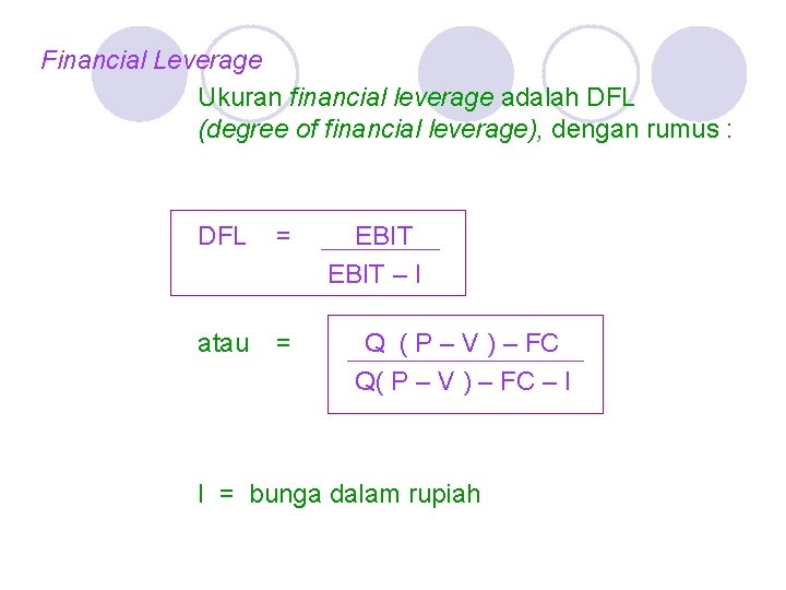 Financial Leverage Ukuran financial leverage adalah DFL (degree of financial leverage), dengan rumus : Financial Leverage Ukuran financial leverage adalah DFL (degree of financial leverage), dengan rumus :