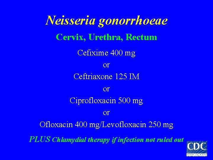 Neisseria gonorrhoeae Cervix, Urethra, Rectum Cefixime 400 mg or Ceftriaxone 125 IM or Ciprofloxacin