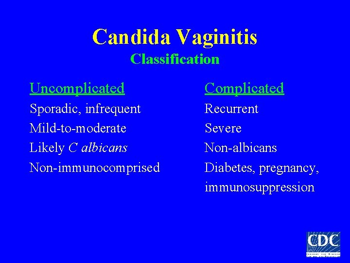 Candida Vaginitis Classification Uncomplicated Complicated Sporadic, infrequent Mild-to-moderate Likely C albicans Non-immunocomprised Recurrent Severe