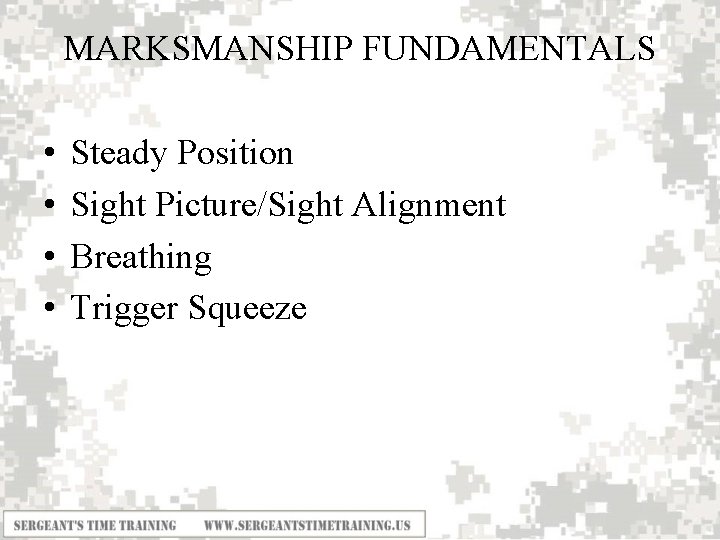 MARKSMANSHIP FUNDAMENTALS • • Steady Position Sight Picture/Sight Alignment Breathing Trigger Squeeze 