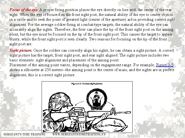 Focus of the eye. A proper firing position places the eye directly on line