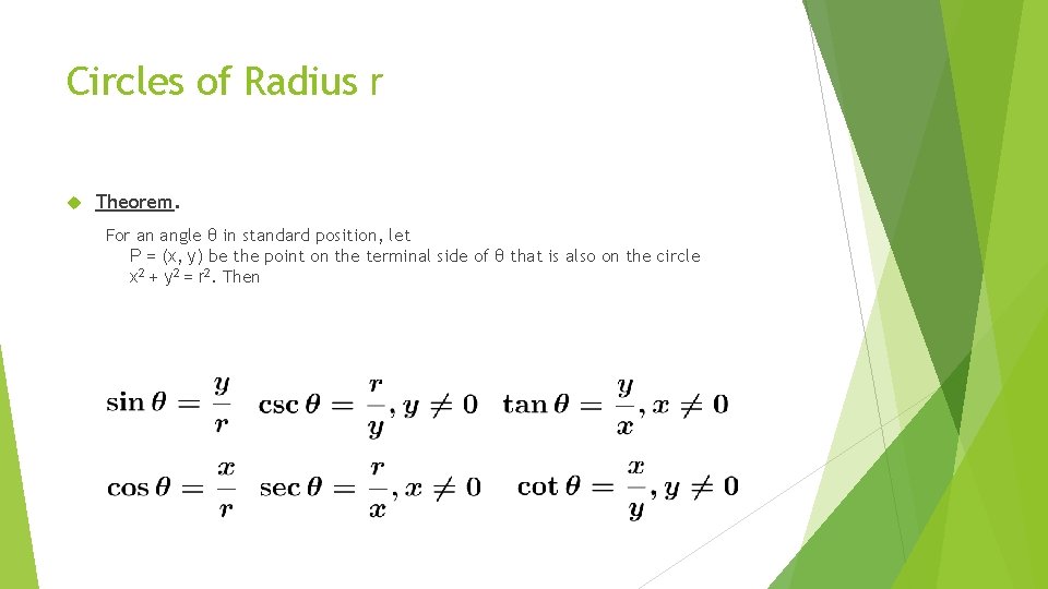 Circles of Radius r Theorem. For an angle θ in standard position, let P