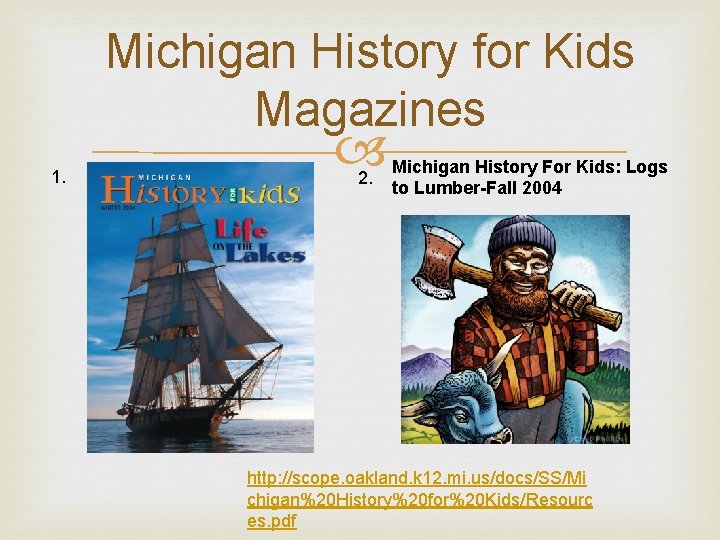 Michigan History for Kids Magazines 1. 2. Michigan History For Kids: Logs to Lumber-Fall