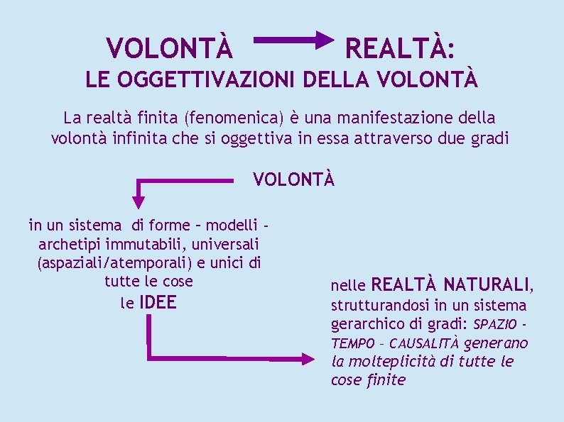 VOLONTÀ REALTÀ: LE OGGETTIVAZIONI DELLA VOLONTÀ La realtà finita (fenomenica) è una manifestazione della