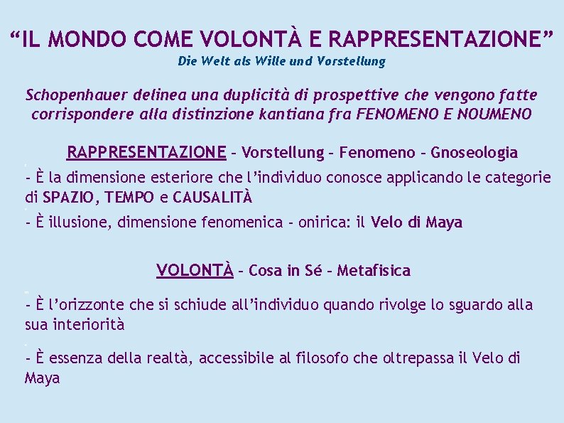 “IL MONDO COME VOLONTÀ E RAPPRESENTAZIONE” Die Welt als Wille und Vorstellung Schopenhauer delinea