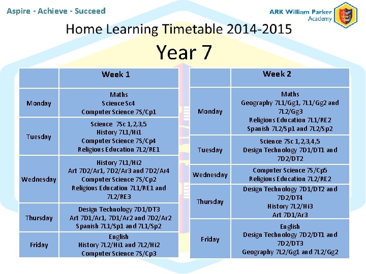 Aspire - Achieve - Succeed Year 7 Monday Tuesday Wednesday Thursday Friday Week 1 Aspire - Achieve - Succeed Year 7 Monday Tuesday Wednesday Thursday Friday Week 1