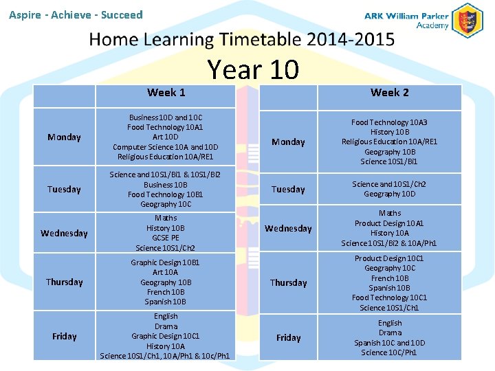 Aspire - Achieve - Succeed Week 1 Year 10 Monday Business 10 D and Aspire - Achieve - Succeed Week 1 Year 10 Monday Business 10 D and