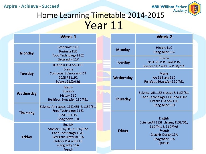 Aspire - Achieve - Succeed Year 11 Monday Tuesday Wednesday Thursday Friday Week 1 Aspire - Achieve - Succeed Year 11 Monday Tuesday Wednesday Thursday Friday Week 1