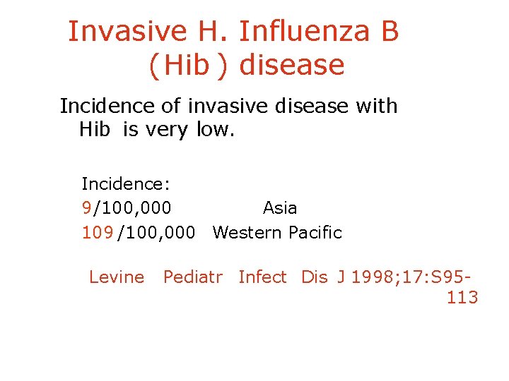 Invasive H. Influenza B (Hib ) disease Incidence of invasive disease with Hib is