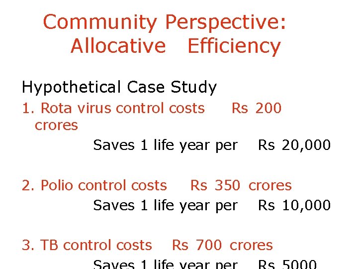 Community Perspective: Allocative Efficiency Hypothetical Case Study 1. Rota virus control costs Rs 200