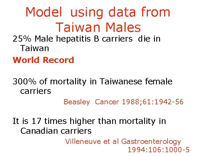Model using data from Taiwan Males 25% Male hepatitis B carriers die in Taiwan