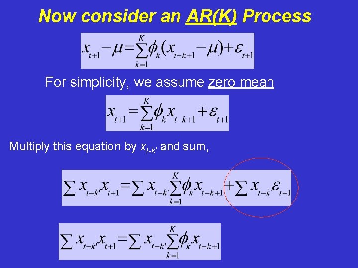 Now consider an AR(K) Process For simplicity, we assume zero mean Multiply this equation