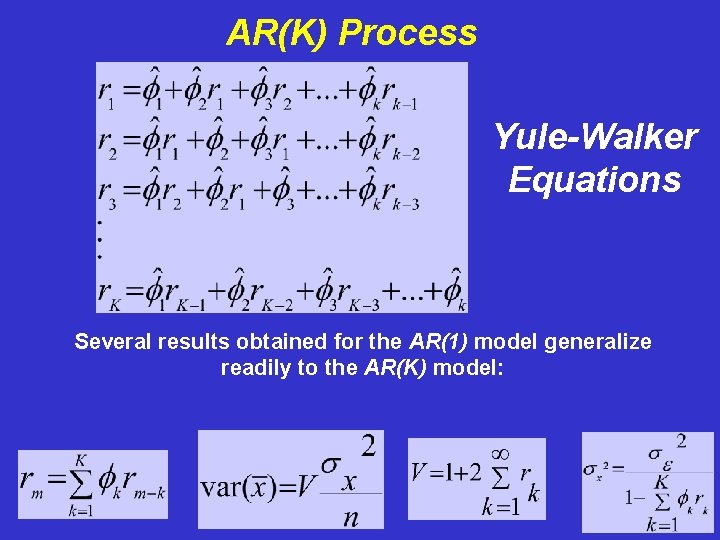 AR(K) Process Yule-Walker Equations Several results obtained for the AR(1) model generalize readily to