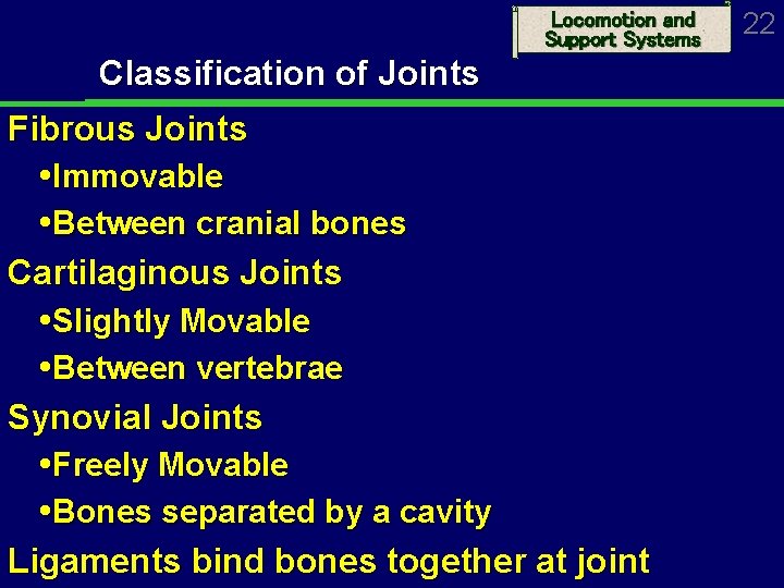 Locomotion and Support Systems Classification of Joints Fibrous Joints Immovable Between cranial bones Cartilaginous