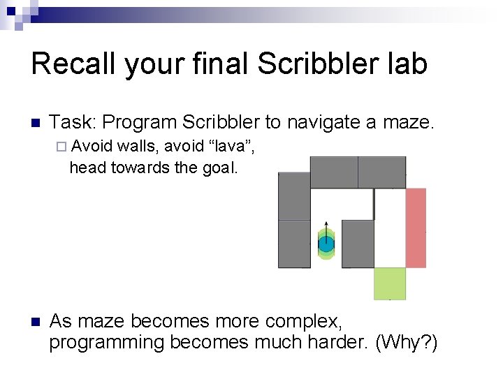 Recall your final Scribbler lab n Task: Program Scribbler to navigate a maze. ¨ Recall your final Scribbler lab n Task: Program Scribbler to navigate a maze. ¨