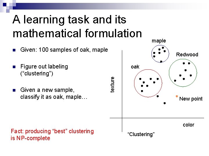A learning task and its mathematical formulation Given: 100 samples of oak, maple n A learning task and its mathematical formulation Given: 100 samples of oak, maple n