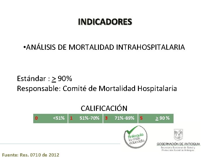 INDICADORES • ANÁLISIS DE MORTALIDAD INTRAHOSPITALARIA Estándar : > 90% Responsable: Comité de Mortalidad