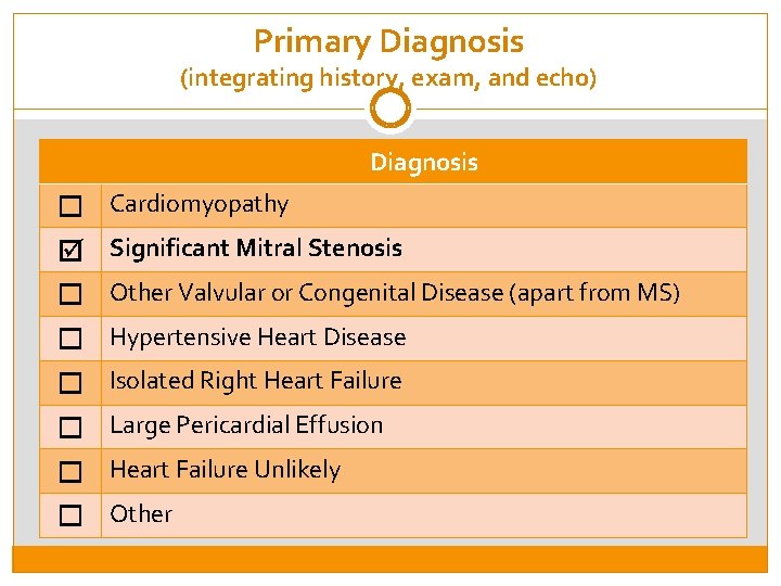 Primary Diagnosis (integrating history, exam, and echo) Diagnosis Cardiomyopathy Significant Mitral Stenosis Other Valvular