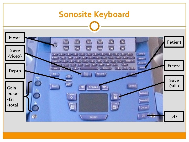 Sonosite Keyboard Power Patient Save (video) Depth Gain -near -far -total Freeze Save (still)