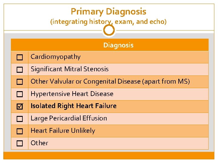 Primary Diagnosis (integrating history, exam, and echo) Diagnosis Cardiomyopathy Significant Mitral Stenosis Other Valvular