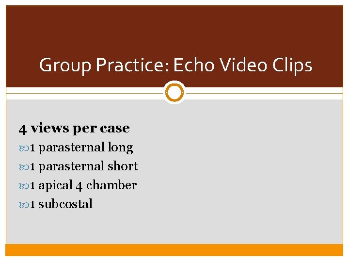 Group Practice: Echo Video Clips 4 views per case 1 parasternal long 1 parasternal