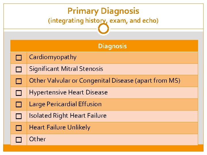Primary Diagnosis (integrating history, exam, and echo) Diagnosis Cardiomyopathy Significant Mitral Stenosis Other Valvular