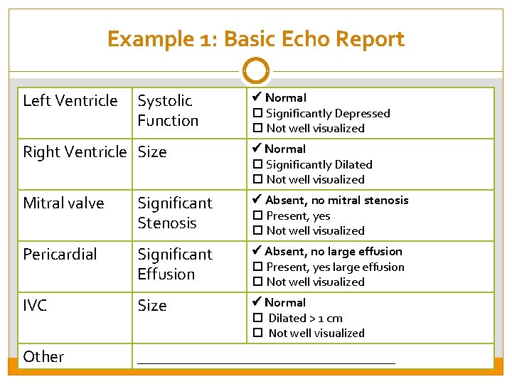 Example 1: Basic Echo Report Left Ventricle Systolic Function Normal Significantly Depressed Not well