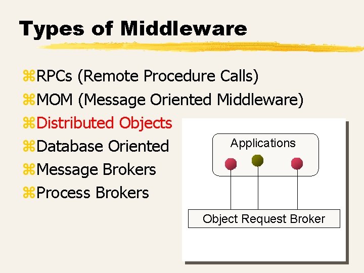 Types of Middleware z. RPCs (Remote Procedure Calls) z. MOM (Message Oriented Middleware) z.