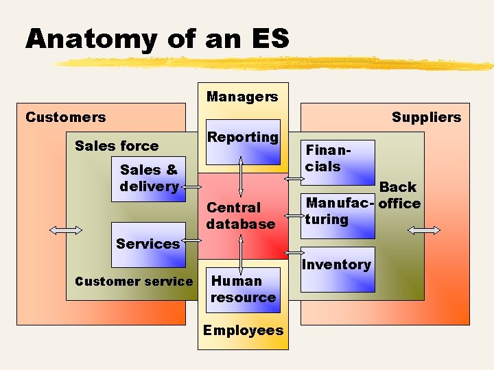 Anatomy of an ES Managers Customers Suppliers Sales force Reporting Sales & delivery Central