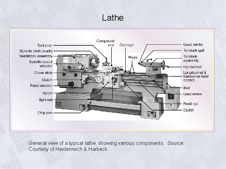 Lathe General view of a typical lathe, showing various components. Source: Courtesy of Heidenreich