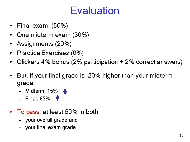 Evaluation • • • Final exam (50%) One midterm exam (30%) Assignments (20%) Practice Evaluation • • • Final exam (50%) One midterm exam (30%) Assignments (20%) Practice