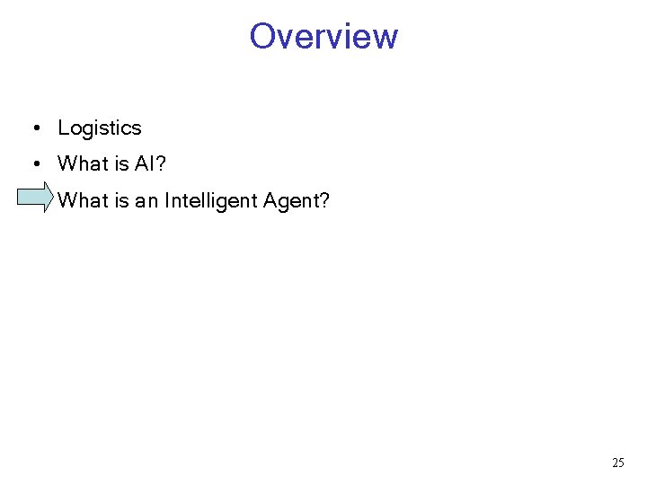 Overview • Logistics • What is AI? • What is an Intelligent Agent? 25 Overview • Logistics • What is AI? • What is an Intelligent Agent? 25