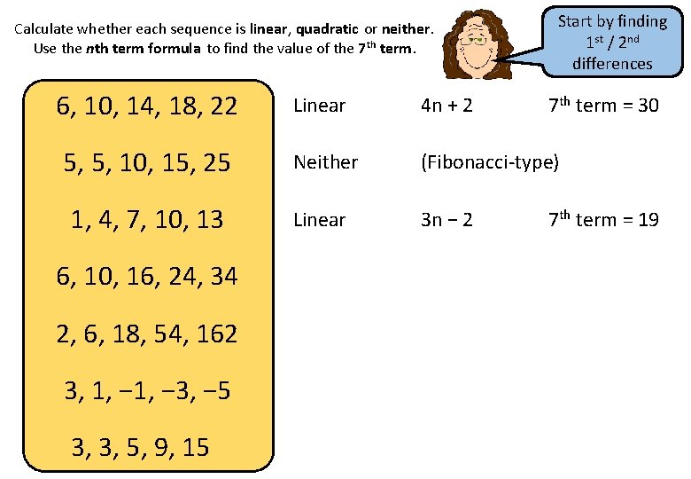 Calculate whether each sequence is linear, quadratic or neither. Use the nth term formula