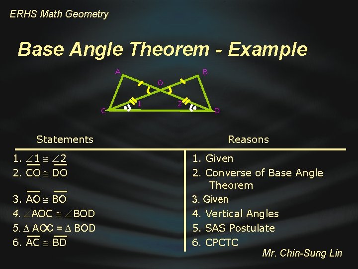 ERHS Math Geometry Base Angle Theorem - Example A B O C Statements 1.