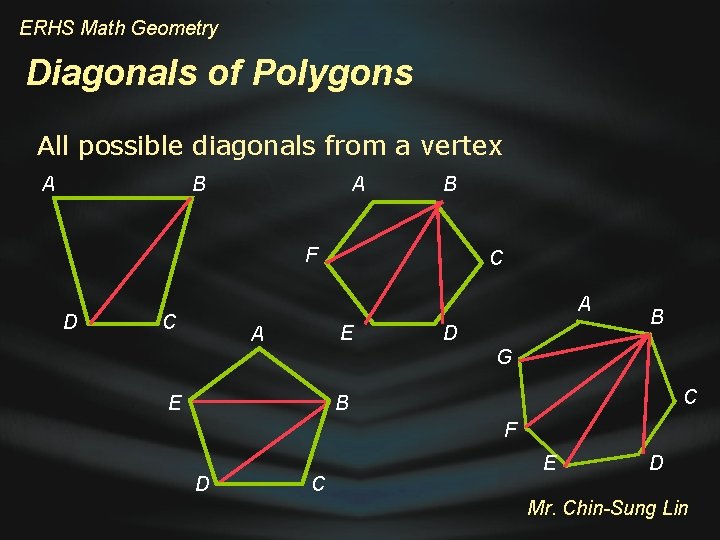 ERHS Math Geometry Diagonals of Polygons All possible diagonals from a vertex A B