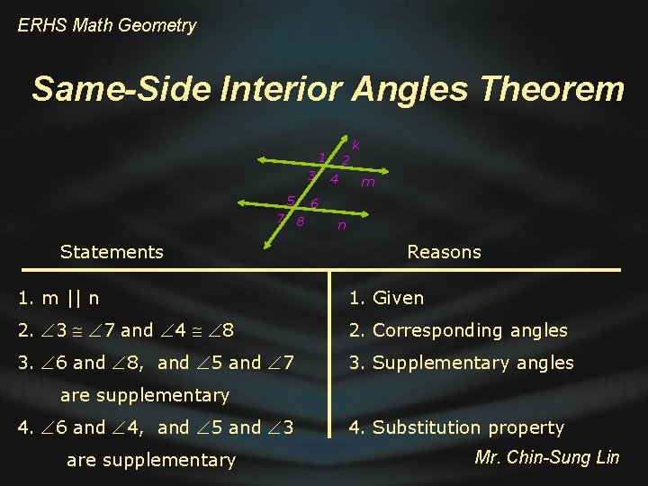 ERHS Math Geometry Same-Side Interior Angles Theorem k 1 3 5 7 8 Statements