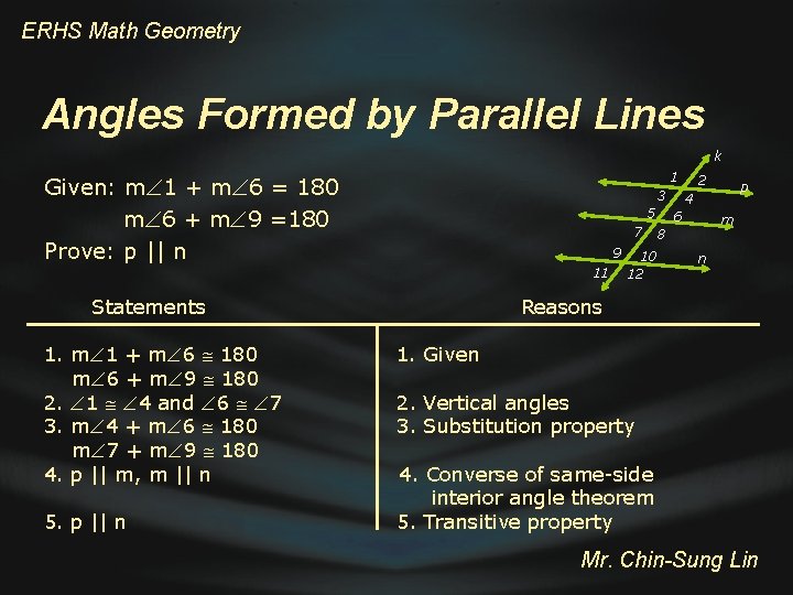 ERHS Math Geometry Angles Formed by Parallel Lines k 1 Given: m 1 +
