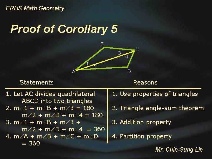 ERHS Math Geometry Proof of Corollary 5 B 3 1 A 2 Statements 1.
