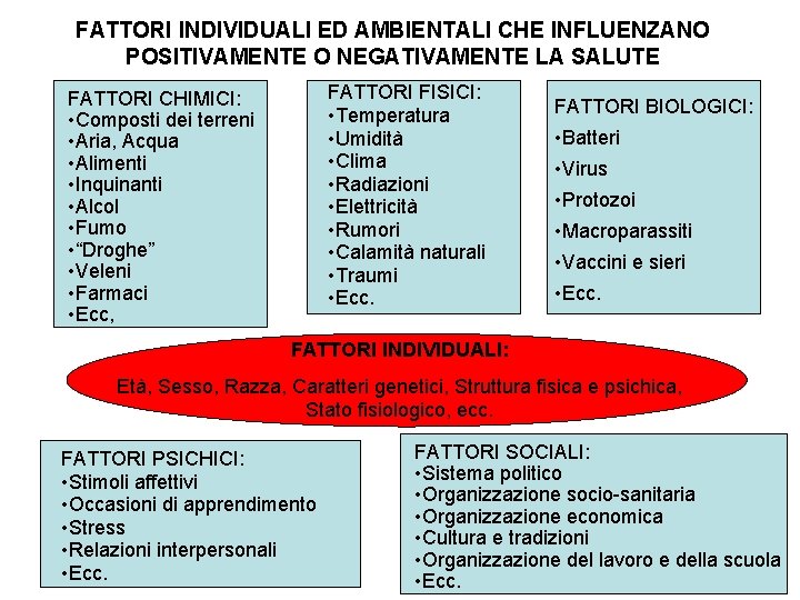 FATTORI INDIVIDUALI ED AMBIENTALI CHE INFLUENZANO POSITIVAMENTE O NEGATIVAMENTE LA SALUTE FATTORI FISICI: •